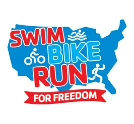 Map of the USA in blue with Swim Bike Run for Freedom as the text over top. Stick images of a person swimming, biking and running are incorporated with the words over the map.